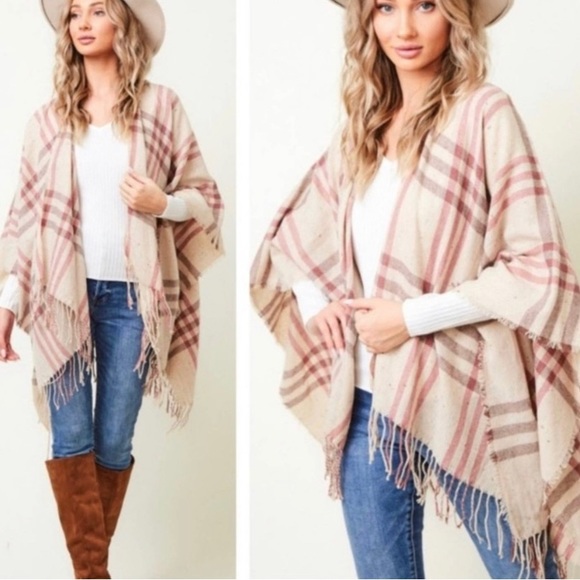 Fireflylane1 Sweaters - Classic Plaid Poncho Fringe Womens Fashion & Style Trendy Look